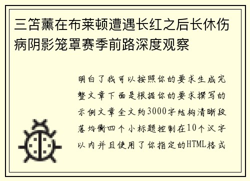 三笘薰在布莱顿遭遇长红之后长休伤病阴影笼罩赛季前路深度观察