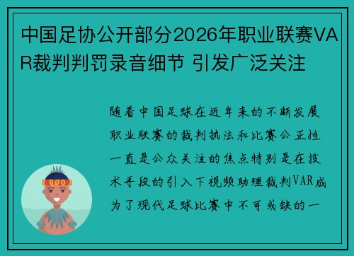 中国足协公开部分2026年职业联赛VAR裁判判罚录音细节 引发广泛关注